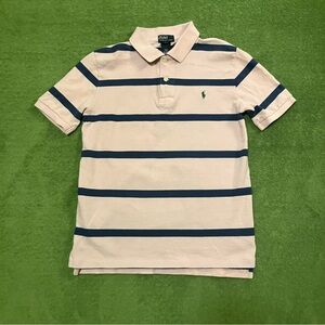 Vintage pink and navy striped polo with green horse by Ralph Lauren for kids